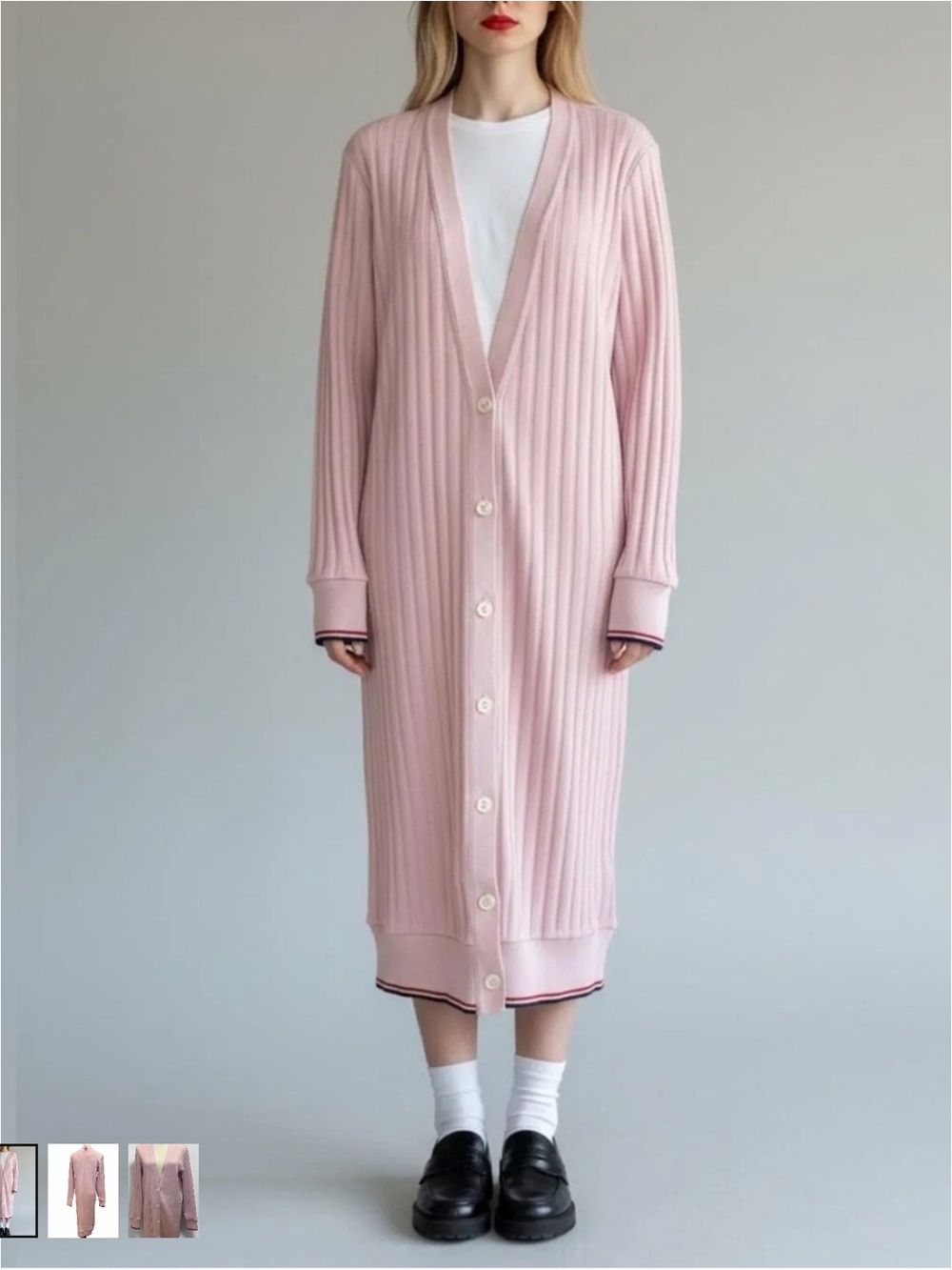 Thom Browne Ribbed Long Button-Front Robe Cardigan in Pale Pink - Picture 5 of 7
